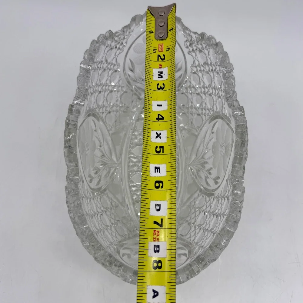 Vintage Clear Pressed Glass Oval Bowl Floral Diamond Cut Sawtooth Centerpiece
